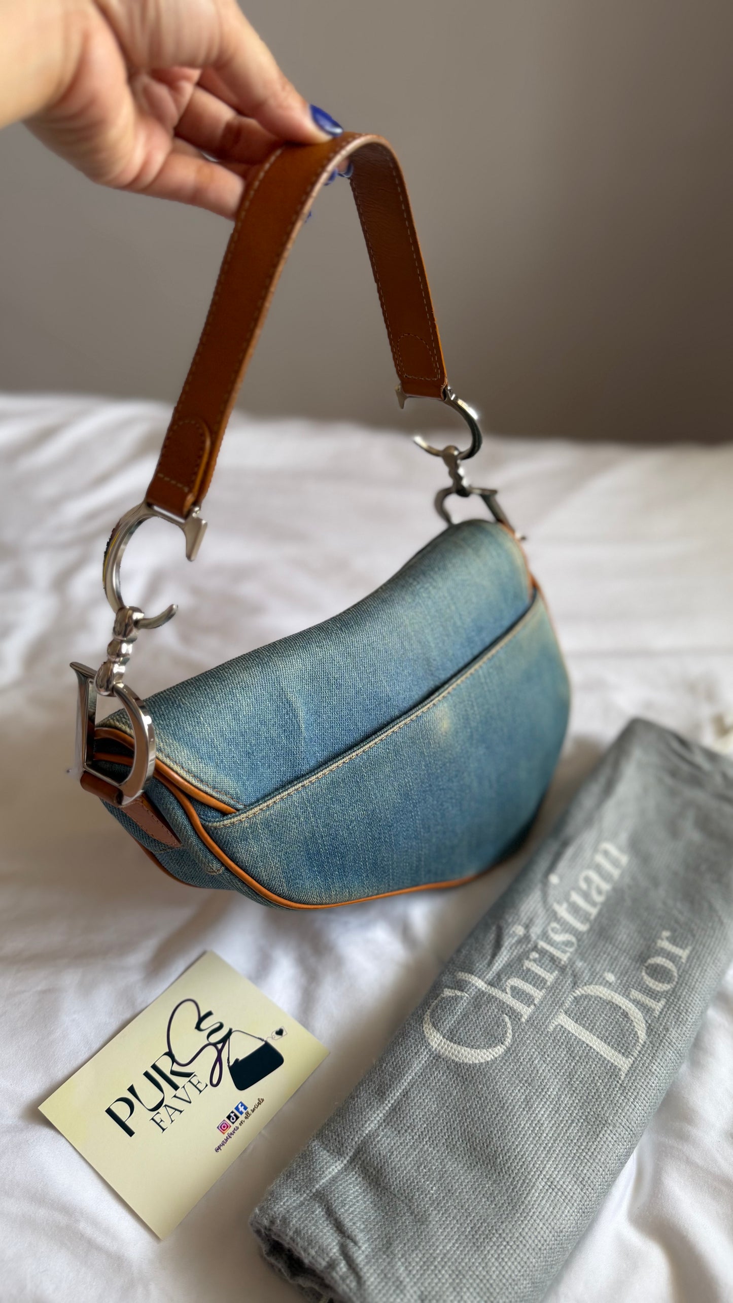 Authentic Vintage Christian Dior Light Blue Denim Saddle Shoulder Bag w/ Embroidered Floral & Butterfly Motifs