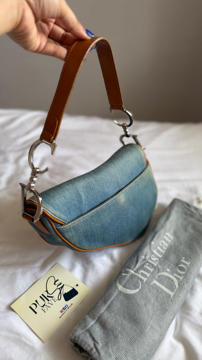 Authentic Vintage Christian Dior Light Blue Denim Saddle Shoulder Bag w/ Embroidered Floral & Butterfly Motifs