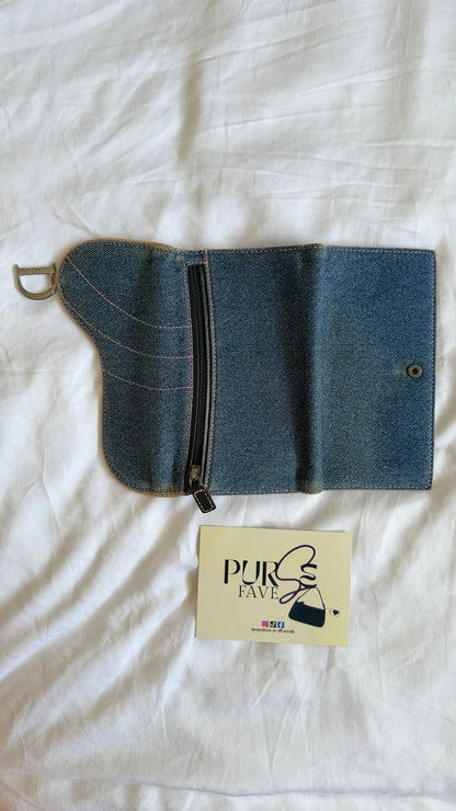 Authentic Vintage CHRISTIAN DIOR Blue Denim Saddle Trifold Wallet