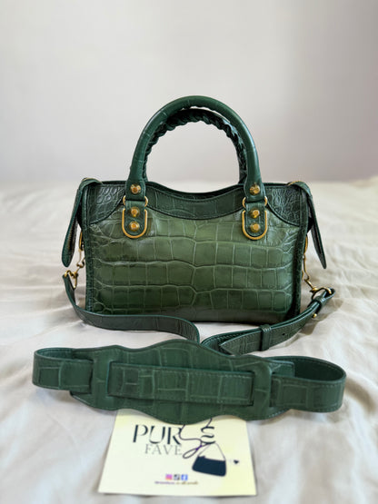 Authentic BALENCIAGA Green Croc-Embossed Leather Mini Classic Metallic Edge City Bag