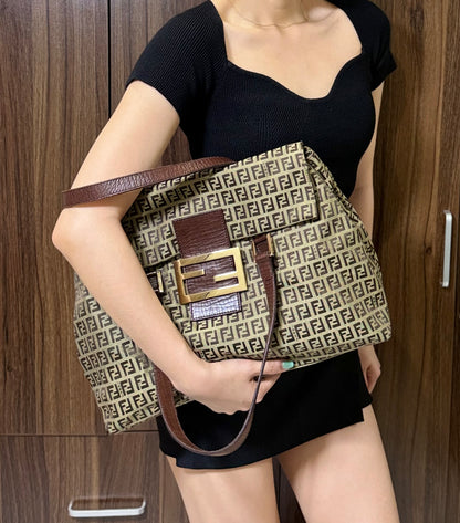 Authentic FENDI Beige / Brown Zucchino Canvas Accordion Large Shopper Tote Bag