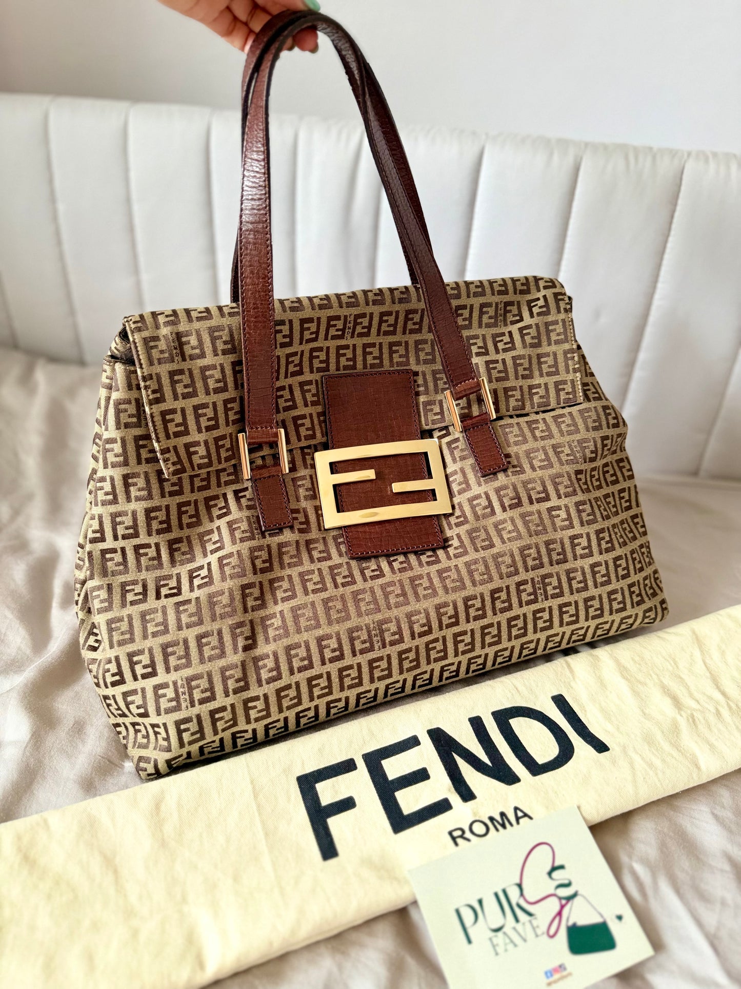 Authentic FENDI Beige / Brown Zucchino Canvas Accordion Large Shopper Tote Bag