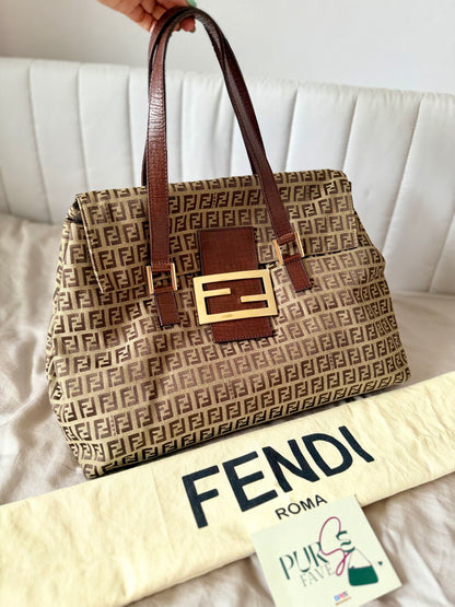 Authentic FENDI Beige / Brown Zucchino Canvas Accordion Large Shopper Tote Bag