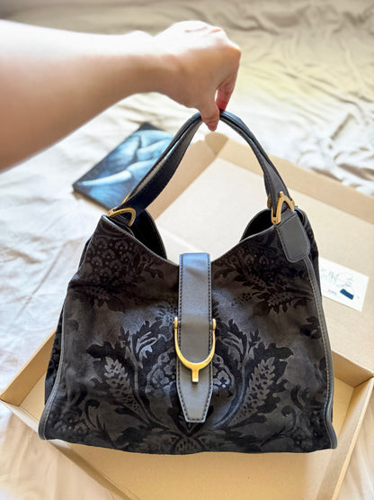 Authentic GUCCI Brocade Black Nubuck & Suede Soft Horsebit Stirrup Tote