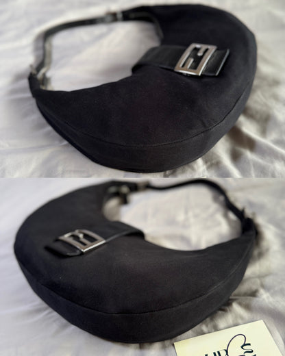 Authentic FENDI Half-Moon Croissant Black Neoprene Baguette Bag