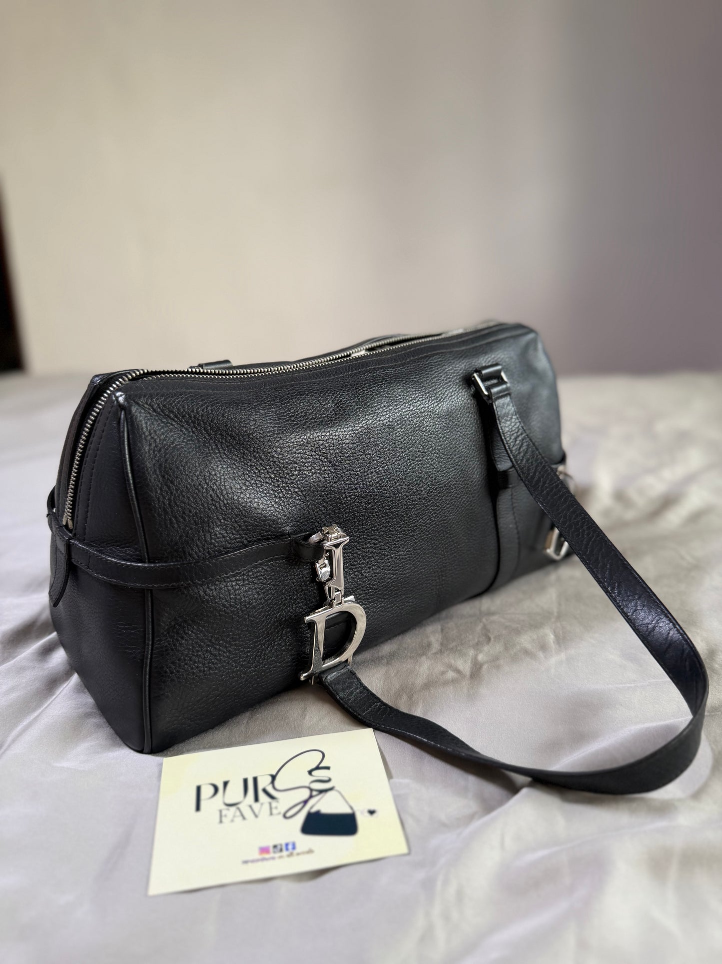 Authentic CHRISTIAN DIOR Spellout D-Charm Black Leather Bowler Boston Shoulder Bag