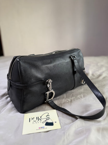 Authentic CHRISTIAN DIOR Spellout D-Charm Black Leather Bowler Boston Shoulder Bag