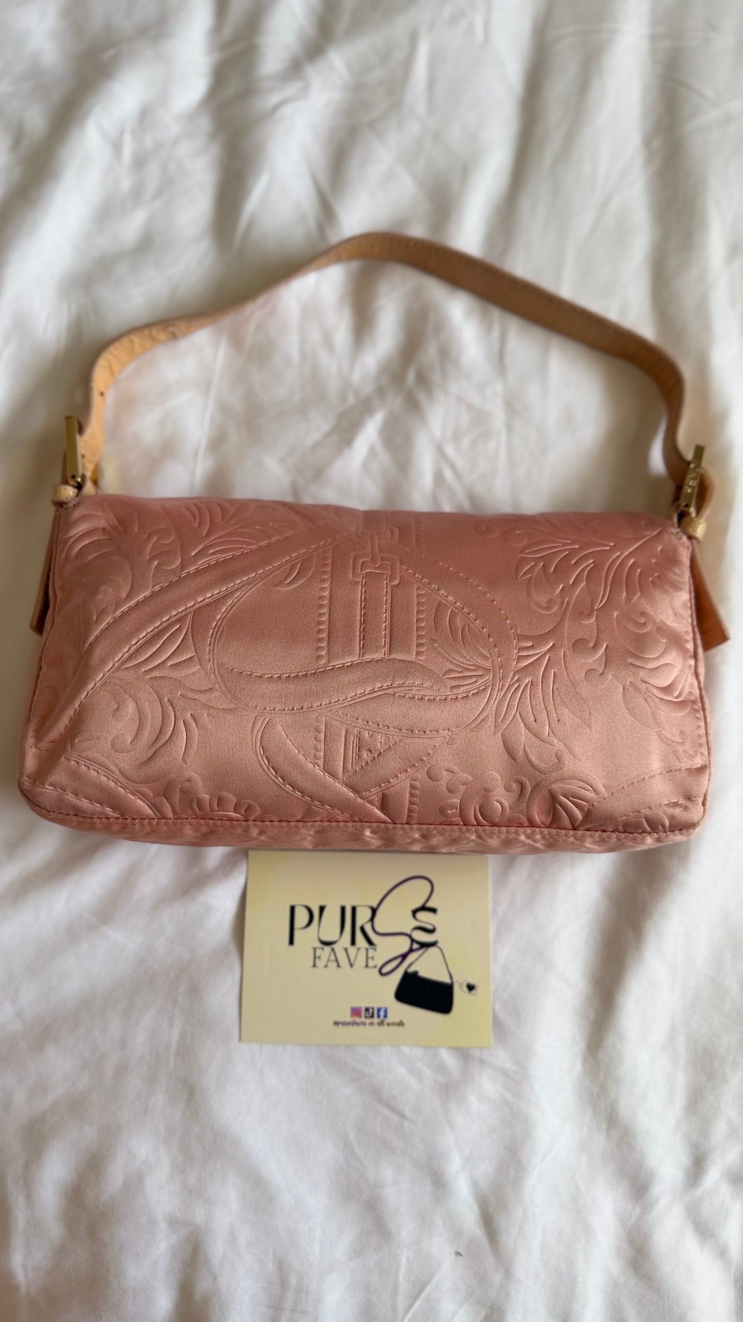 Authentic Vintage Fendi Baguette Pink Silk 3D Embossed Floral Swirl Pattern