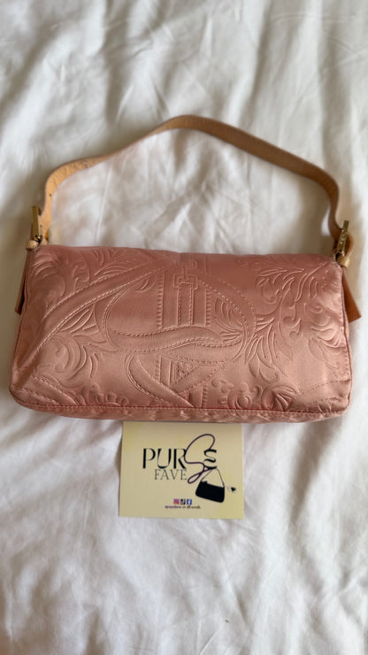 Authentic Vintage Fendi Baguette Pink Silk 3D Embossed Floral Swirl Pattern