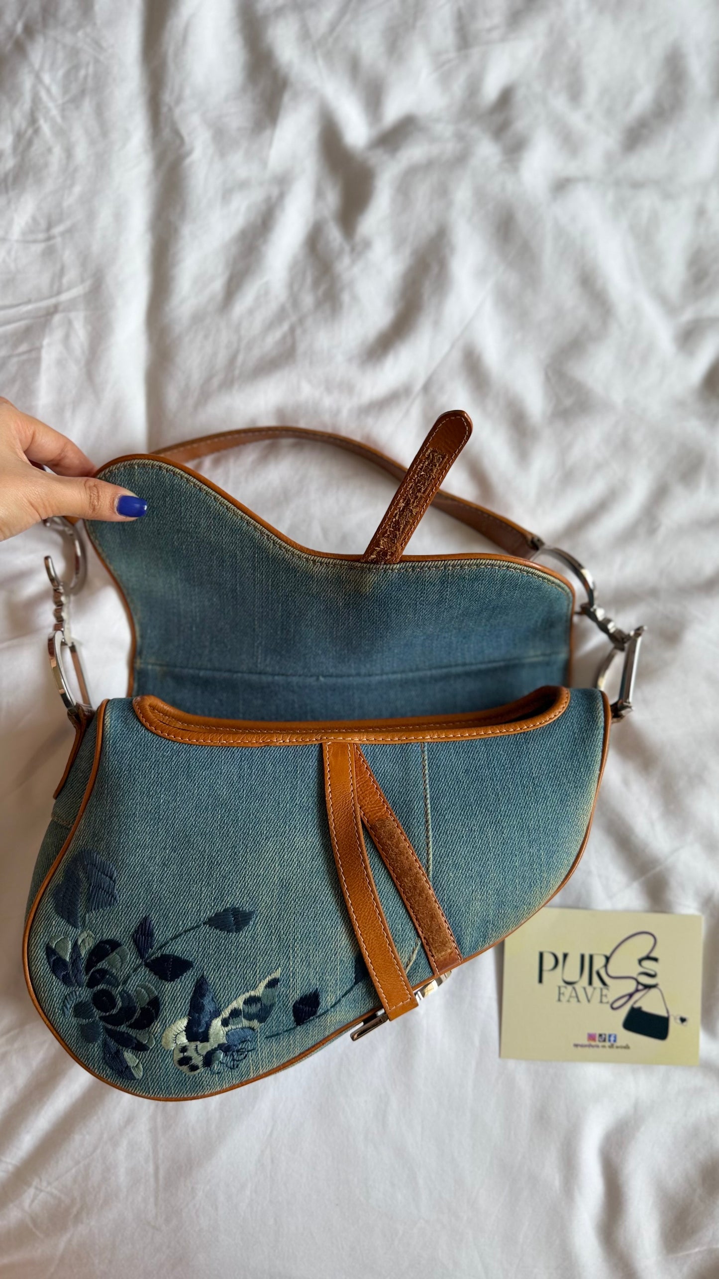 Authentic Vintage Christian Dior Light Blue Denim Saddle Shoulder Bag w/ Embroidered Floral & Butterfly Motifs