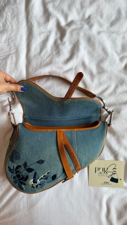 Authentic Vintage Christian Dior Light Blue Denim Saddle Shoulder Bag w/ Embroidered Floral & Butterfly Motifs