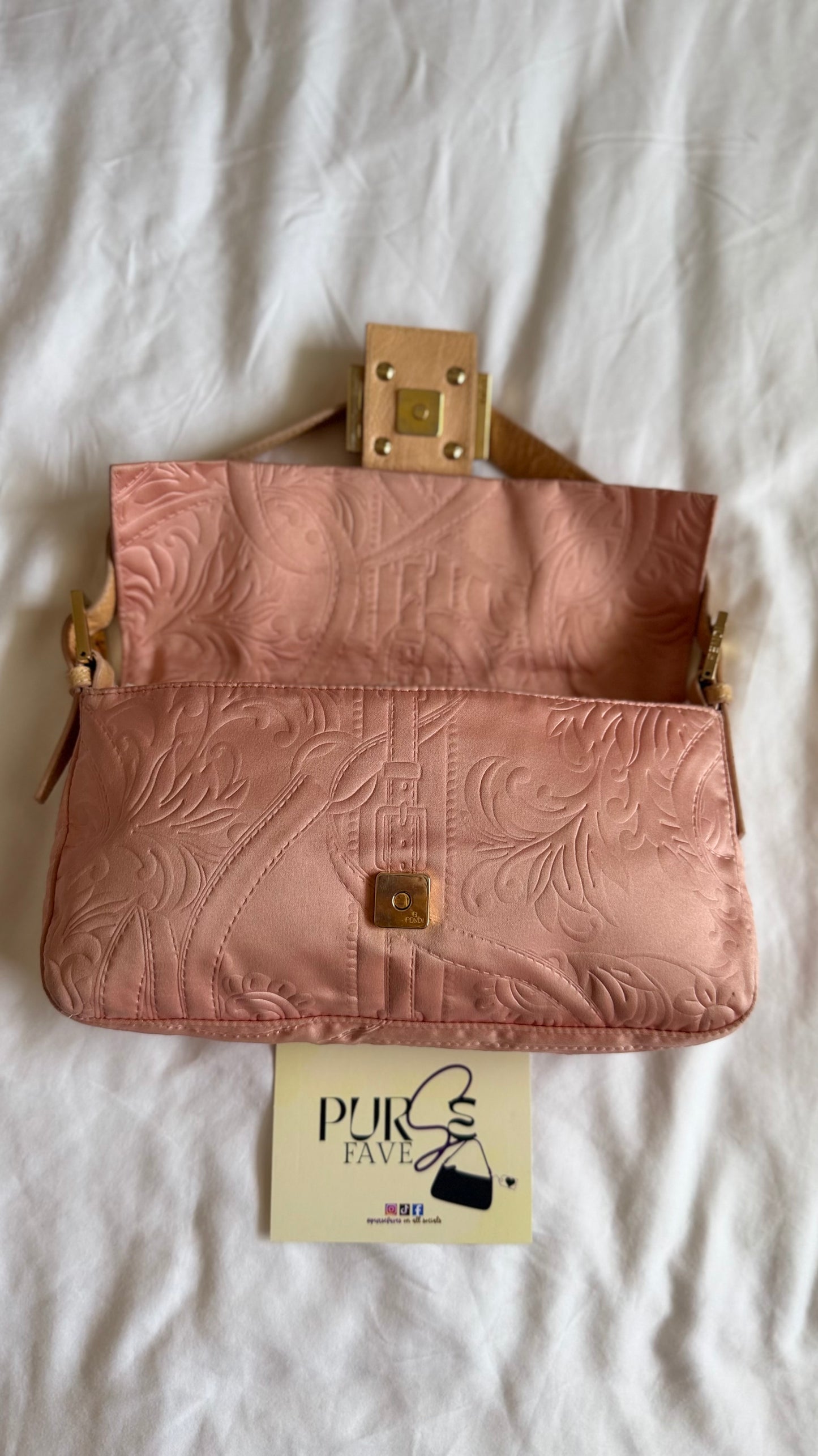 Authentic Vintage Fendi Baguette Pink Silk 3D Embossed Floral Swirl Pattern
