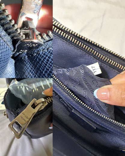 Authentic PRADA Saffiano Lux Galleria Navy Blue Mini Double Zip Tote Crossbody