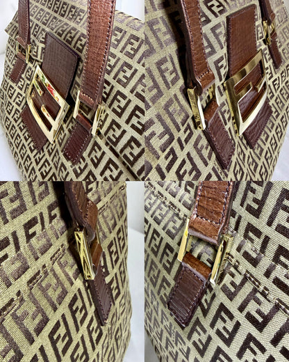 Authentic FENDI Beige / Brown Zucchino Canvas Accordion Large Shopper Tote Bag