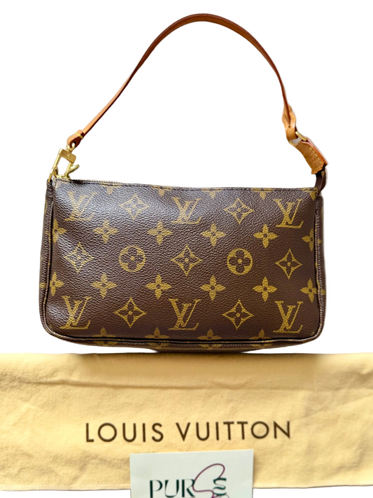 Authentic LOUIS VUITTON Pochette Accessoire Clutch Brown Monogram Canvas Leather Shoulder Bag