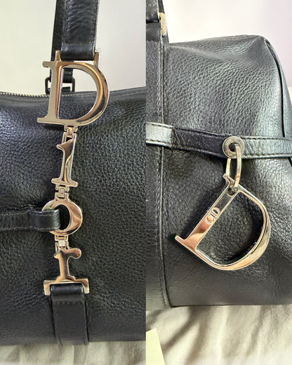 Authentic CHRISTIAN DIOR Spellout D-Charm Black Leather Bowler Boston Shoulder Bag