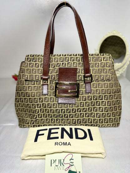 Authentic FENDI Beige / Brown Zucchino Canvas Accordion Large Shopper Tote Bag