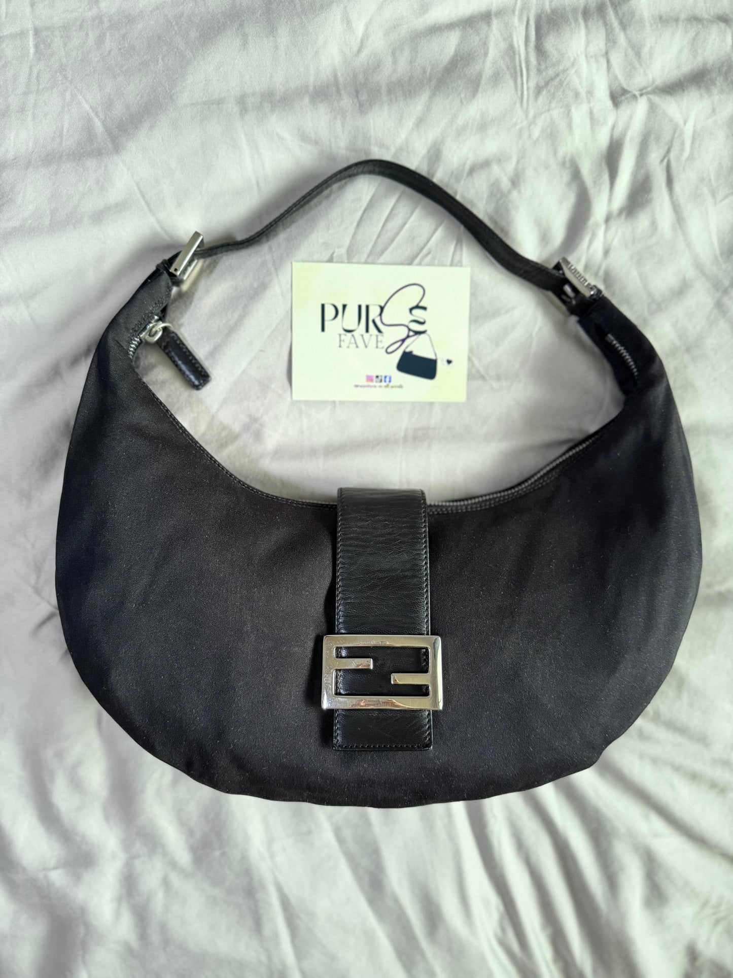 Authentic FENDI Half-Moon Croissant Black Neoprene Baguette Bag