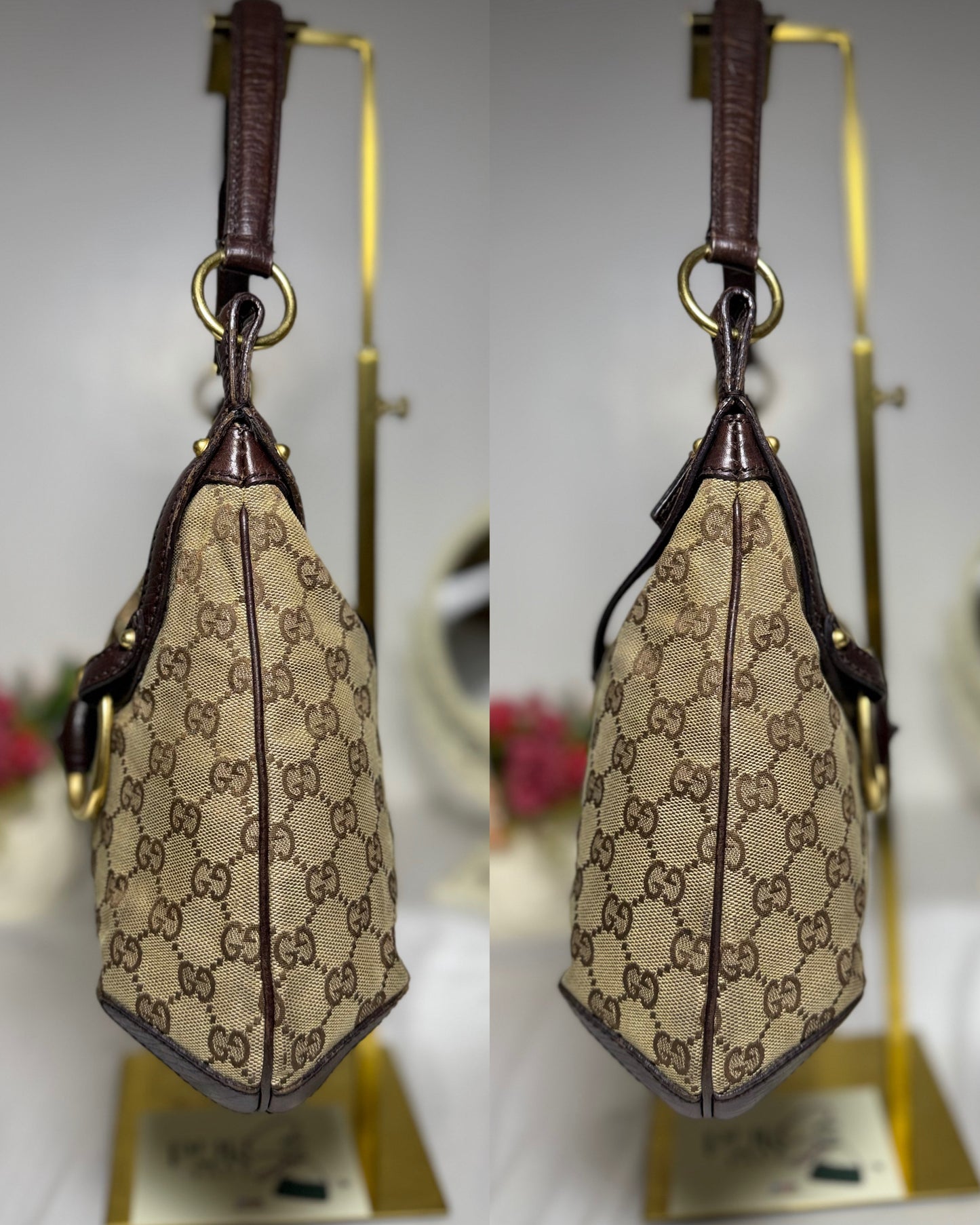 Authentic GUCCI Horsebit GG Canvas Brown Hobo Shoulder Bag