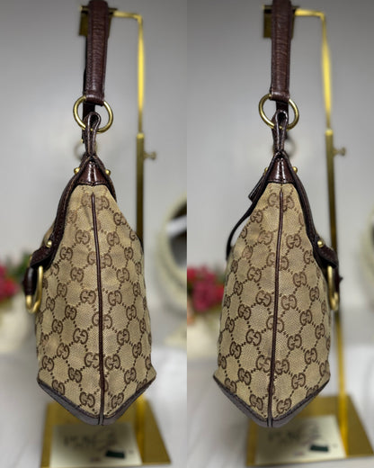 Authentic GUCCI Horsebit GG Canvas Brown Hobo Shoulder Bag