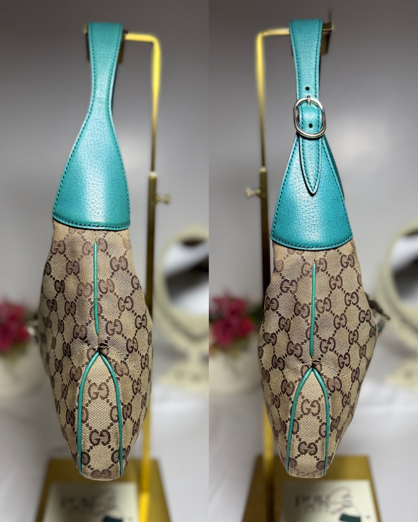 Authentic GUCCI Jackie 1961 Medium Beige GG Canvas x Teal Leather Trims Hobo Shoulder Bag