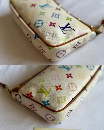 Authentic LOUIS VUITTON × TAKASHI MURAKAMI White Multicolor Pochette Shoulder Bag