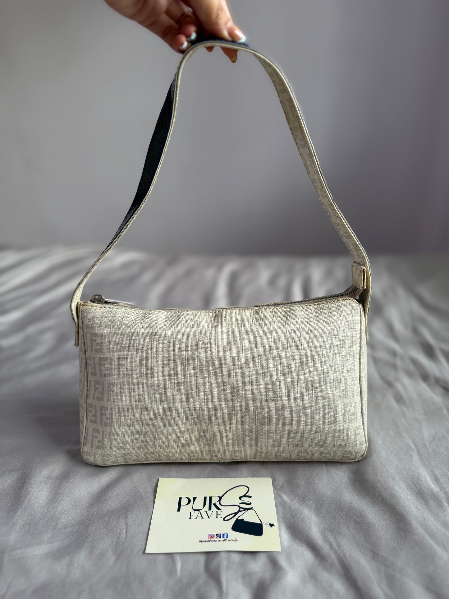 Authentic Vintage Fendi White Zucchino Coated Canvas East-West Shoulder Bag