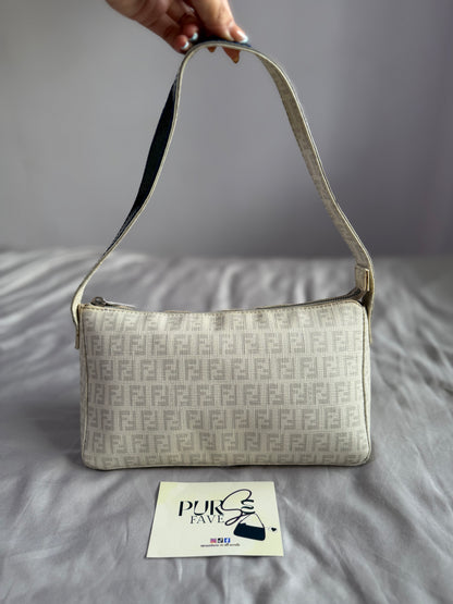 Authentic Vintage Fendi White Zucchino Coated Canvas East-West Shoulder Bag