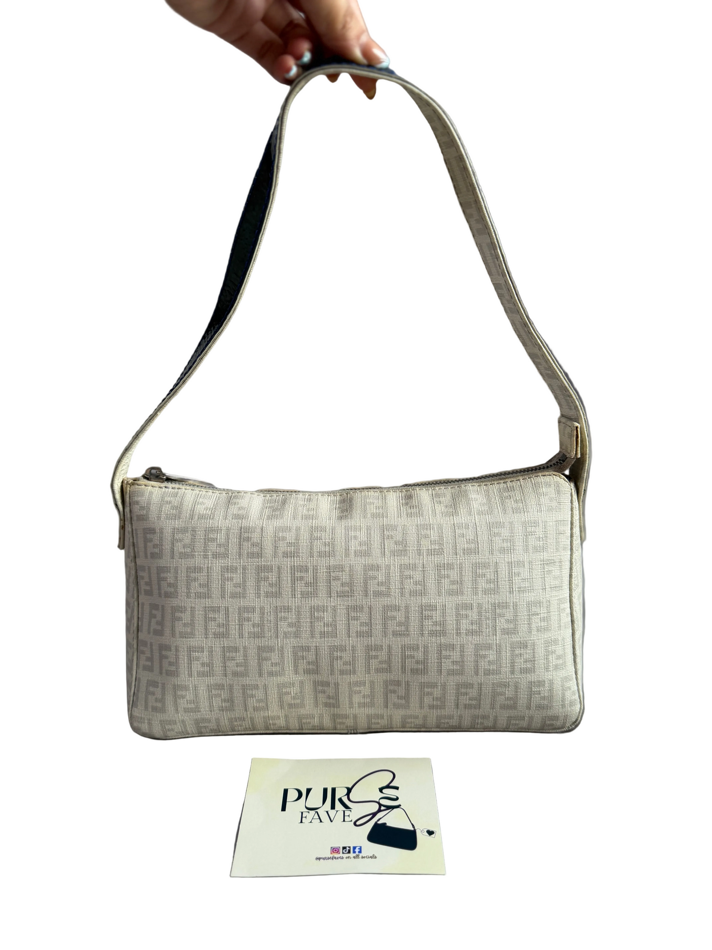 Authentic Vintage Fendi White Zucchino Coated Canvas East-West Shoulder Bag