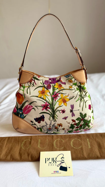 Authentic Vintage GUCCI Hasler Horsebit Flora Canvas Hobo Shoulder Bag