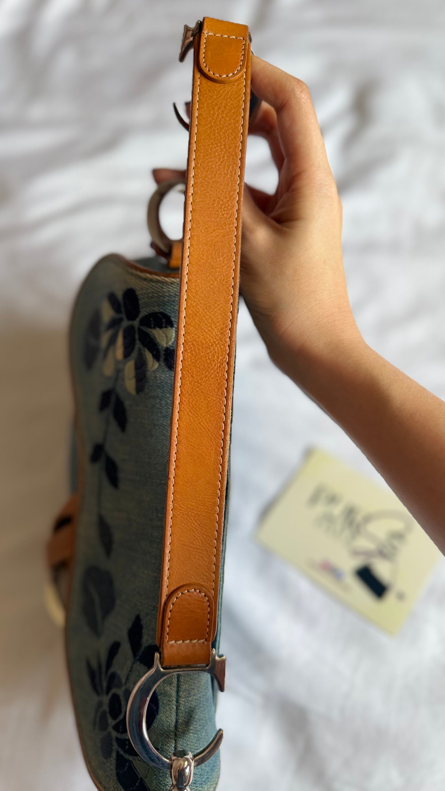 Authentic Vintage Christian Dior Light Blue Denim Saddle Shoulder Bag w/ Embroidered Floral & Butterfly Motifs