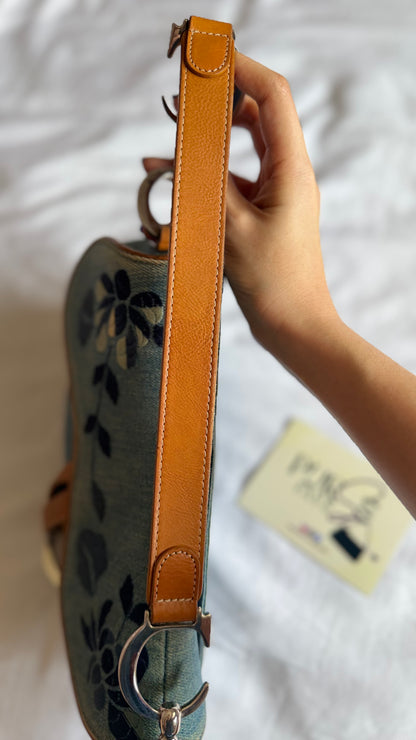 Authentic Vintage Christian Dior Light Blue Denim Saddle Shoulder Bag w/ Embroidered Floral & Butterfly Motifs