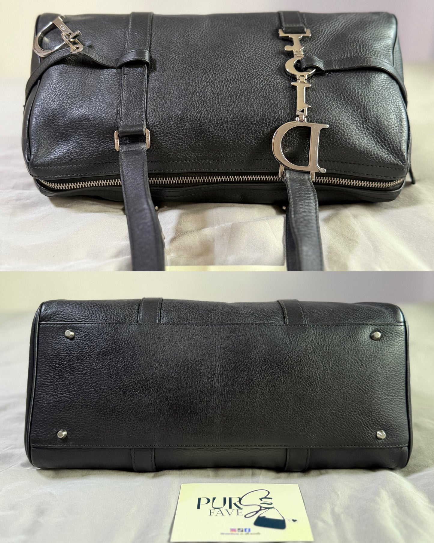 Authentic CHRISTIAN DIOR Spellout D-Charm Black Leather Bowler Boston Shoulder Bag