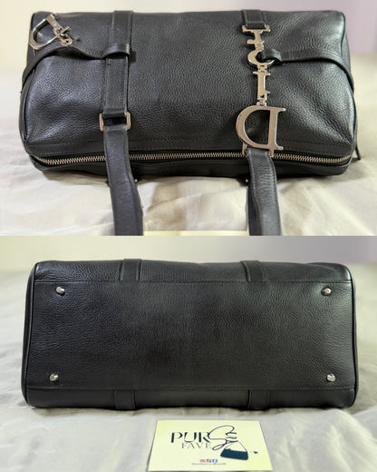 Authentic CHRISTIAN DIOR Spellout D-Charm Black Leather Bowler Boston Shoulder Bag