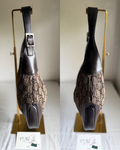 Authentic GUCCI Jackie Vintage Monogram Khaki x Dark Brown Satin Ruched / Pleated Hobo Shoulder Bag (Rare/Limited)