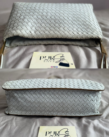 Authentic Vintage Bottega Veneta Light Blue Intrecciato Long Dual Strap Shoulder Bag