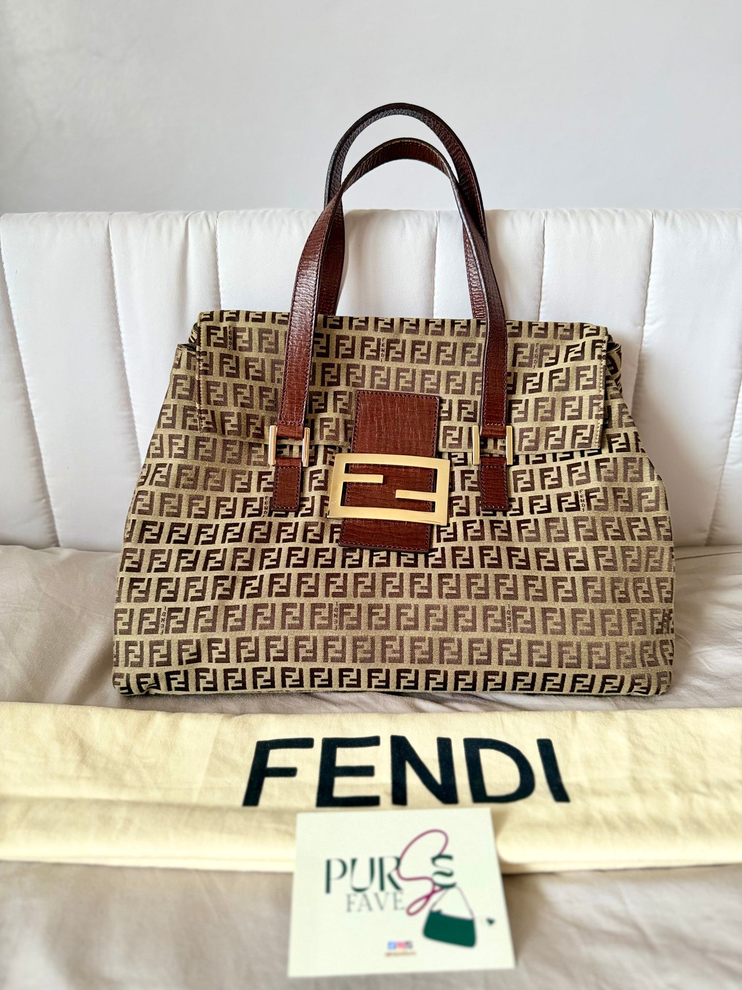 Authentic FENDI Beige / Brown Zucchino Canvas Accordion Large Shopper Tote Bag