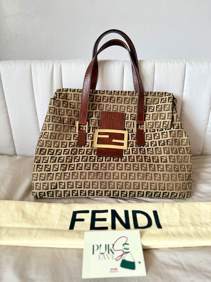 Authentic FENDI Beige / Brown Zucchino Canvas Accordion Large Shopper Tote Bag