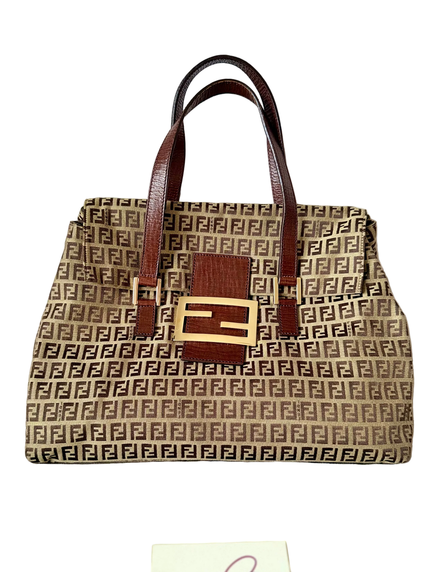 Authentic FENDI Beige / Brown Zucchino Canvas Accordion Large Shopper Tote Bag
