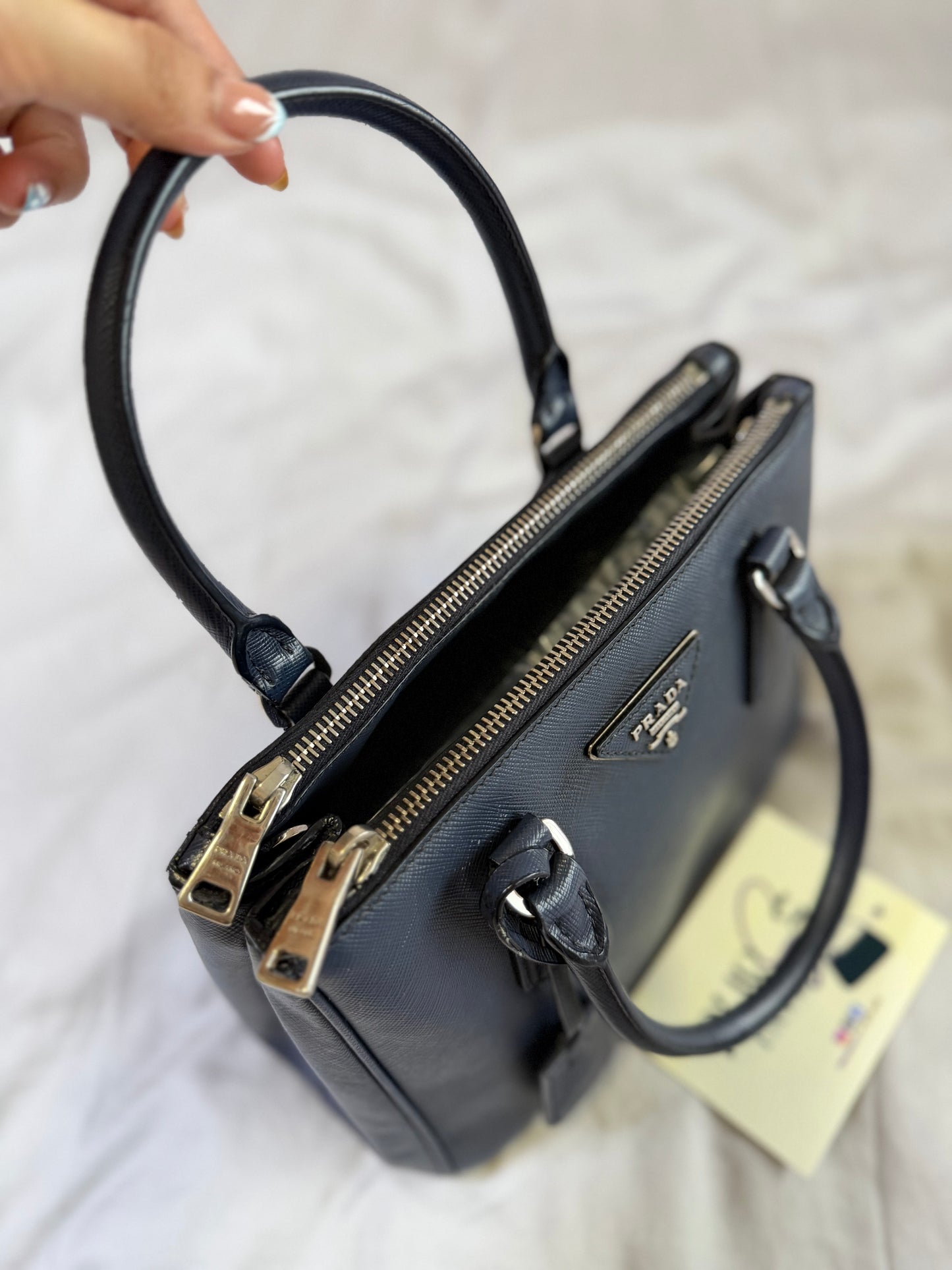 Authentic PRADA Saffiano Lux Galleria Navy Blue Mini Double Zip Tote Crossbody