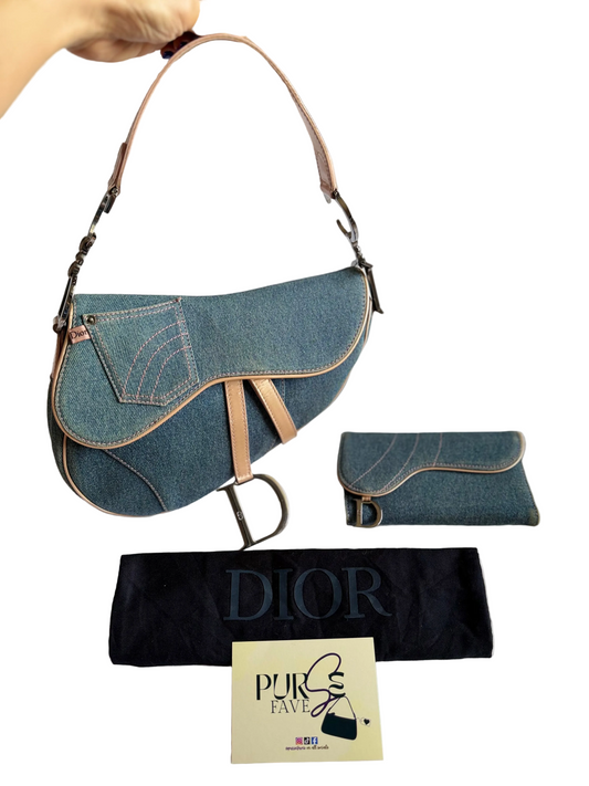 Authentic Vintage Christian Dior Light Blue Denim with Pocket Saddle Shoulder Bag