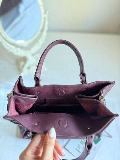 Authentic BALENCIAGA Burgundy Wine Calfskin Leather Mini Papier A4 Magnet Tote Bag
