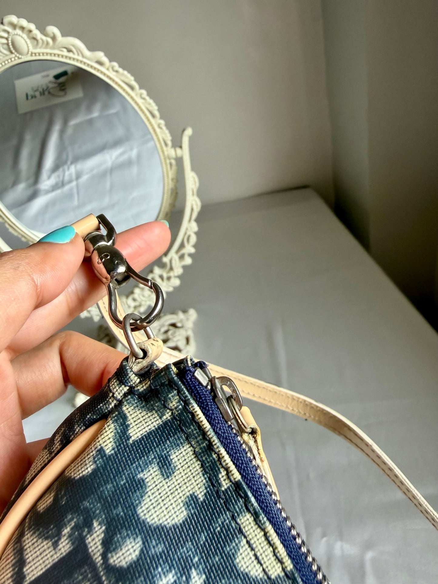 Authentic Vintage CHRISTIAN DIOR Blue Canvas Mini Saddle Pochette Bag