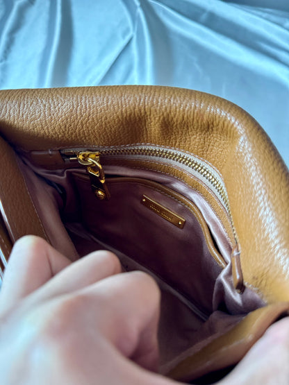 Authentic MIU MIU Madras Ribbon Camel Brown Leather Crystal Studs Embellished Shoulder Crossbody Bag