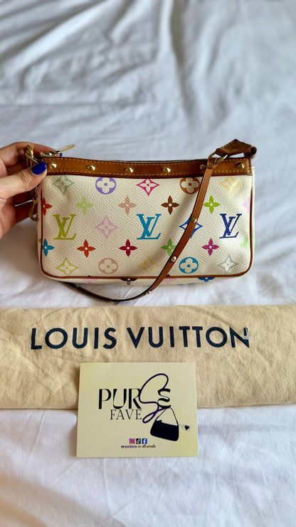 Authentic LOUIS VUITTON × TAKASHI MURAKAMI White Multicolor Pochette Shoulder Bag