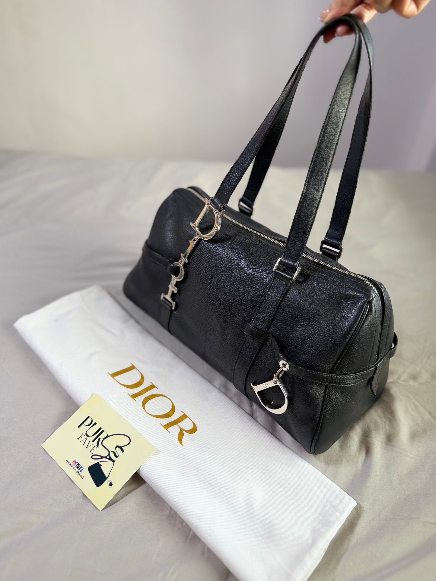 Authentic CHRISTIAN DIOR Spellout D-Charm Black Leather Bowler Boston Shoulder Bag