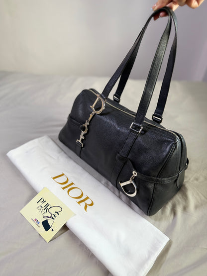 Authentic CHRISTIAN DIOR Spellout D-Charm Black Leather Bowler Boston Shoulder Bag
