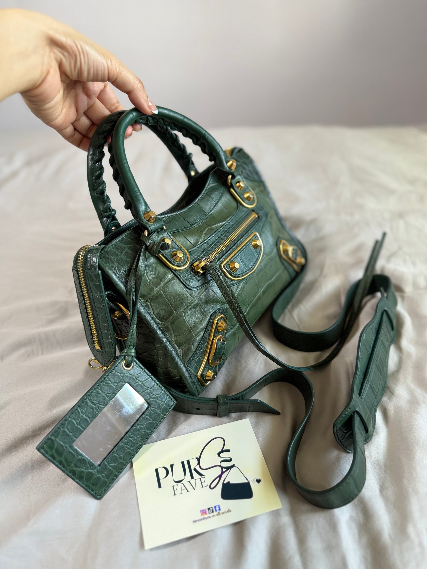 Authentic BALENCIAGA Green Croc-Embossed Leather Mini Classic Metallic Edge City Bag