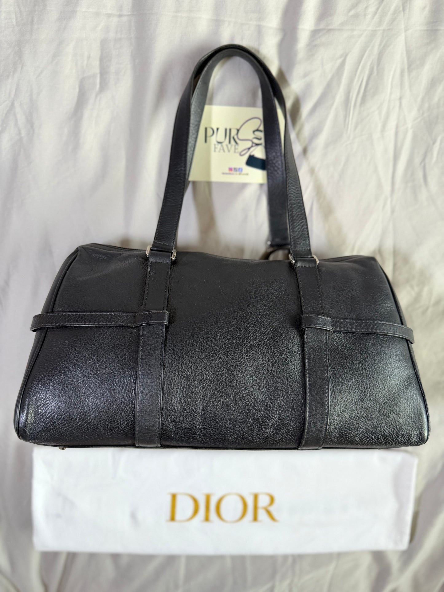 Authentic CHRISTIAN DIOR Spellout D-Charm Black Leather Bowler Boston Shoulder Bag