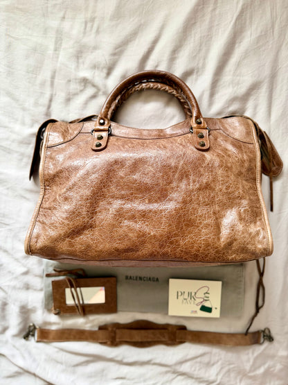 Authentic BALENCIAGA Motocross Classic City Glazed Brown Lambskin Leather Bag